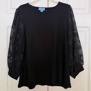 CeCe Black Blouse with Sheer Floral Sleeves